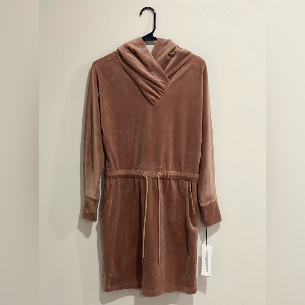 NWT Calvin Klein Velvet Long Sleeve Drawstring Hoodie Pink Mini Dress Size Small